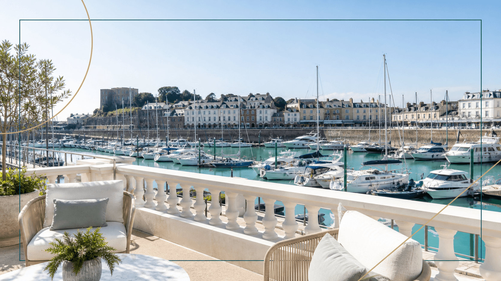 Sunny view across St Helier marina from a waterfront terrace